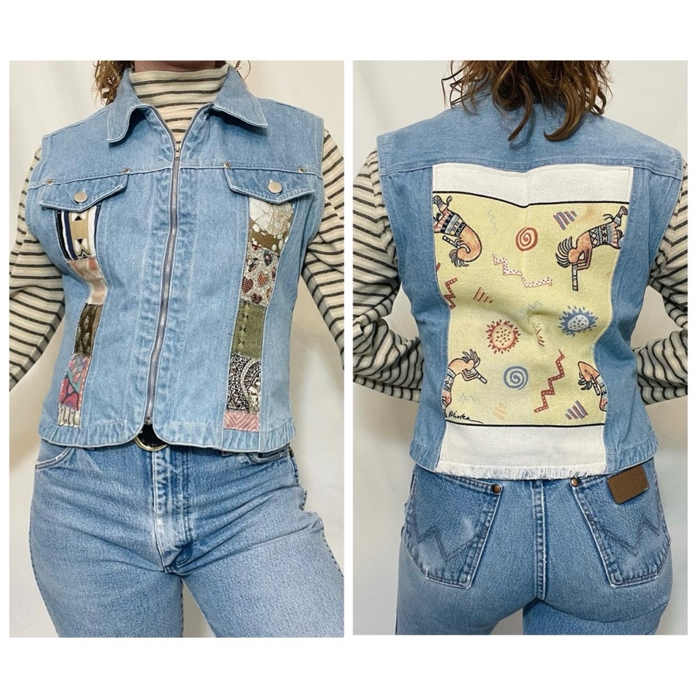 Just Elements | Vintage 80s 90s Patchwork Reworked Denim Vest, Kokopelli Patch